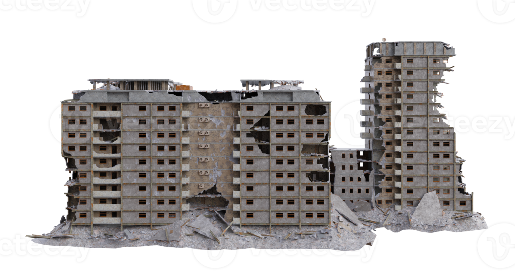 Large size building damaged after war. 3d render isolated png