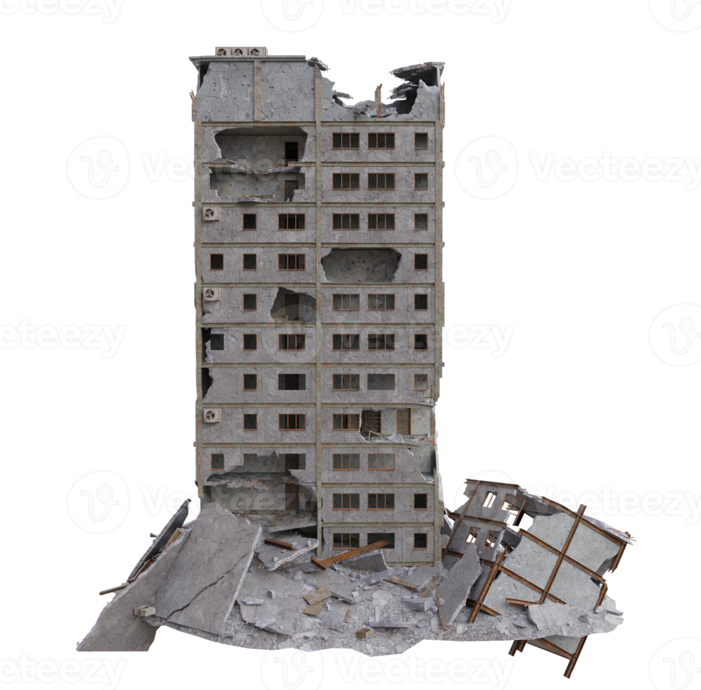 midden- grootte gebouw beschadigd na oorlog. 3d geven geïsoleerd png