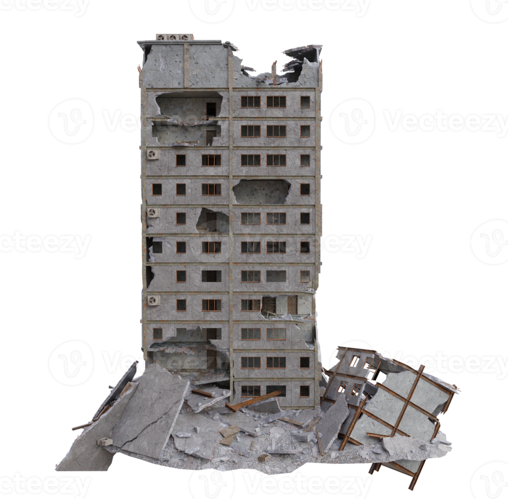 Middle size building damaged after war. 3d render isolated png