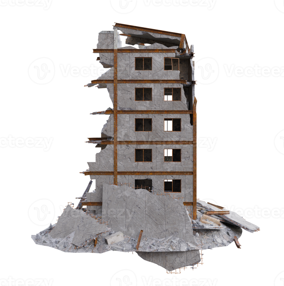 Small size building damaged after war. 3d render isolated png