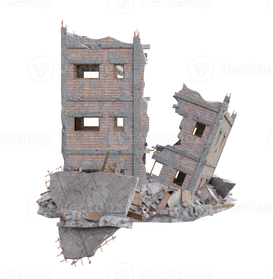 Small size building damaged after war. 3d render isolated png