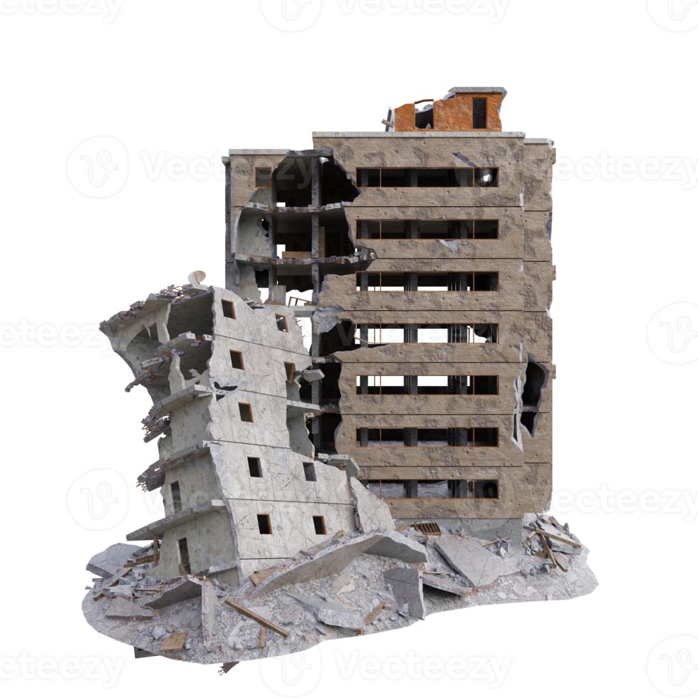 Large size building damaged after war. 3d render isolated png