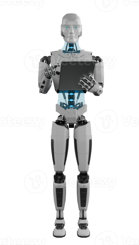 humanoïde robot en portant numérique tablette. 3d rendre isolé png