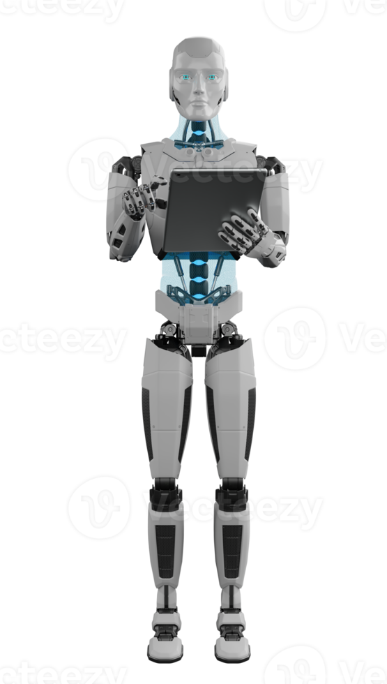 Humanoid Roboter halten Digital Tablette. 3d machen isoliert png