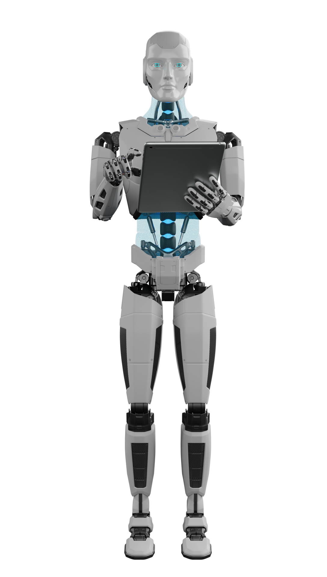 Humanoid holding digital tablet. 3d render PNG