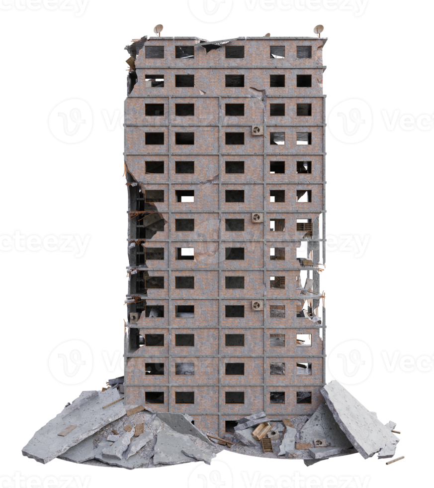 stor storlek byggnad skadad efter krig. 3d framställa isolerat png