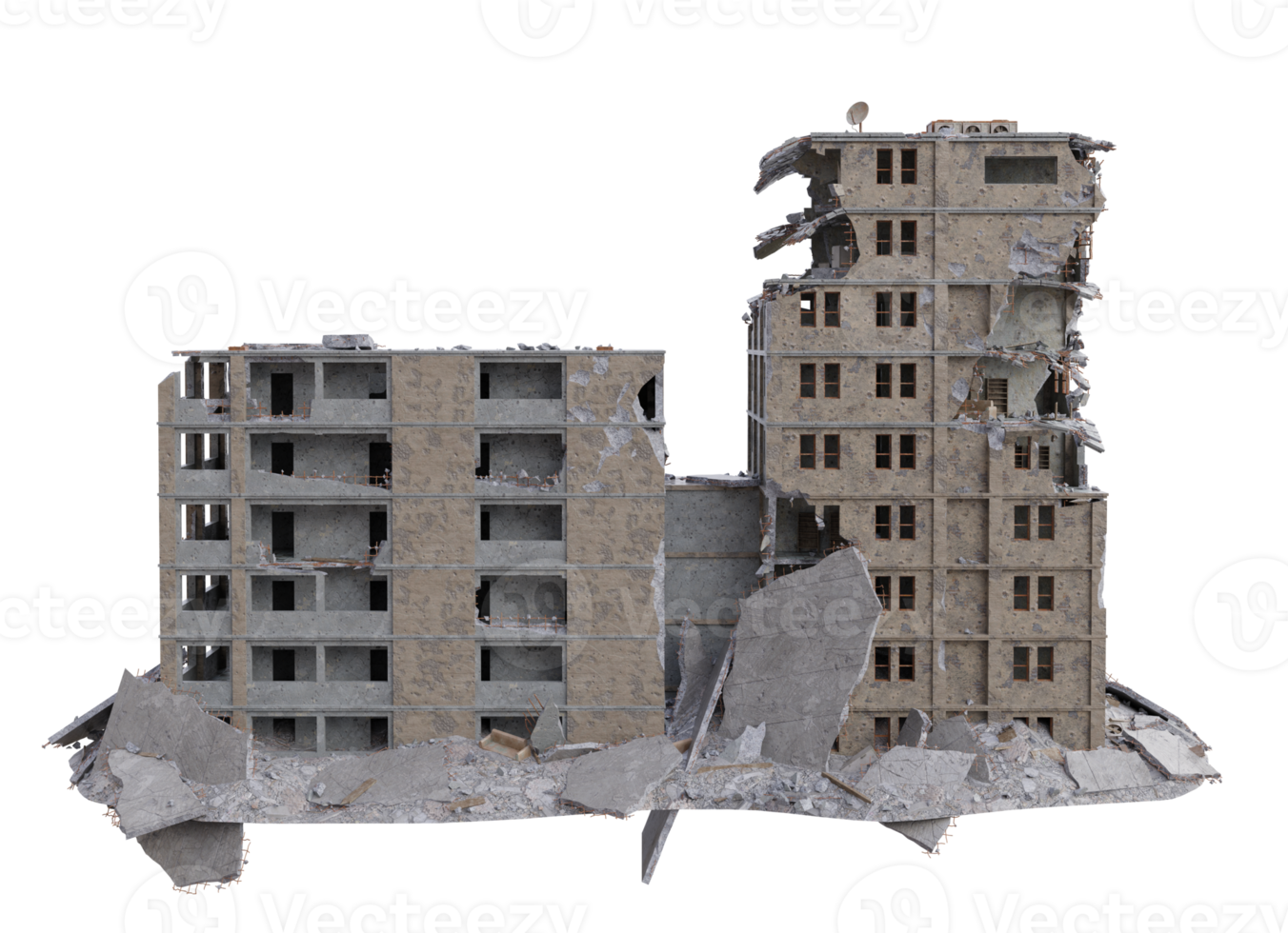 Middle size building damaged after war. 3d render isolated png
