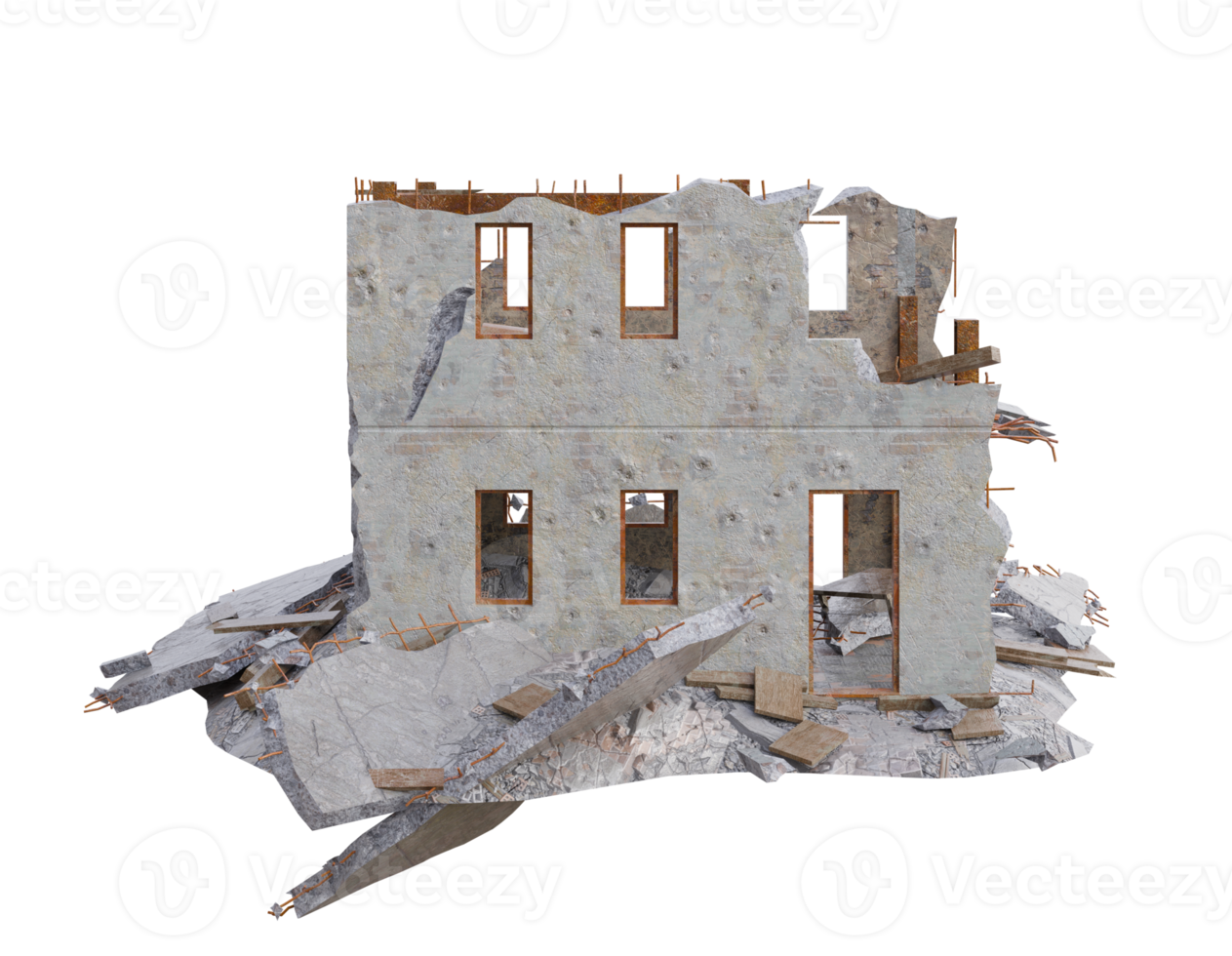 Small size building damaged after war. 3d render isolated png