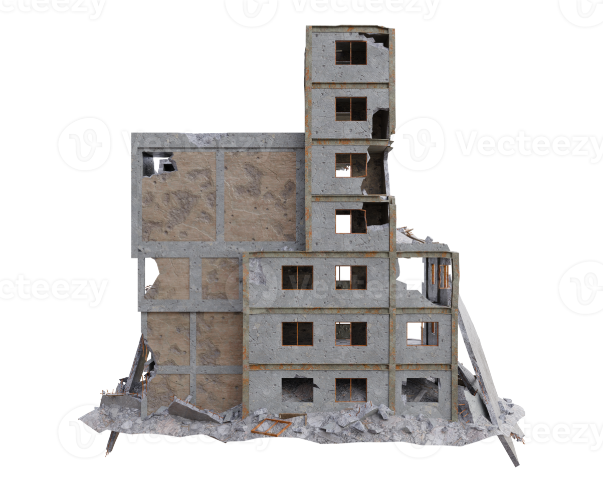 Small size building damaged after war. 3d render isolated png