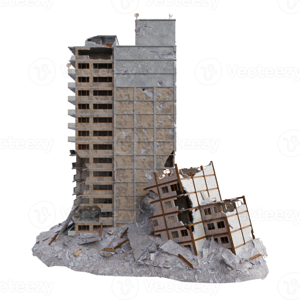 Large size building damaged after war. 3d render isolated png