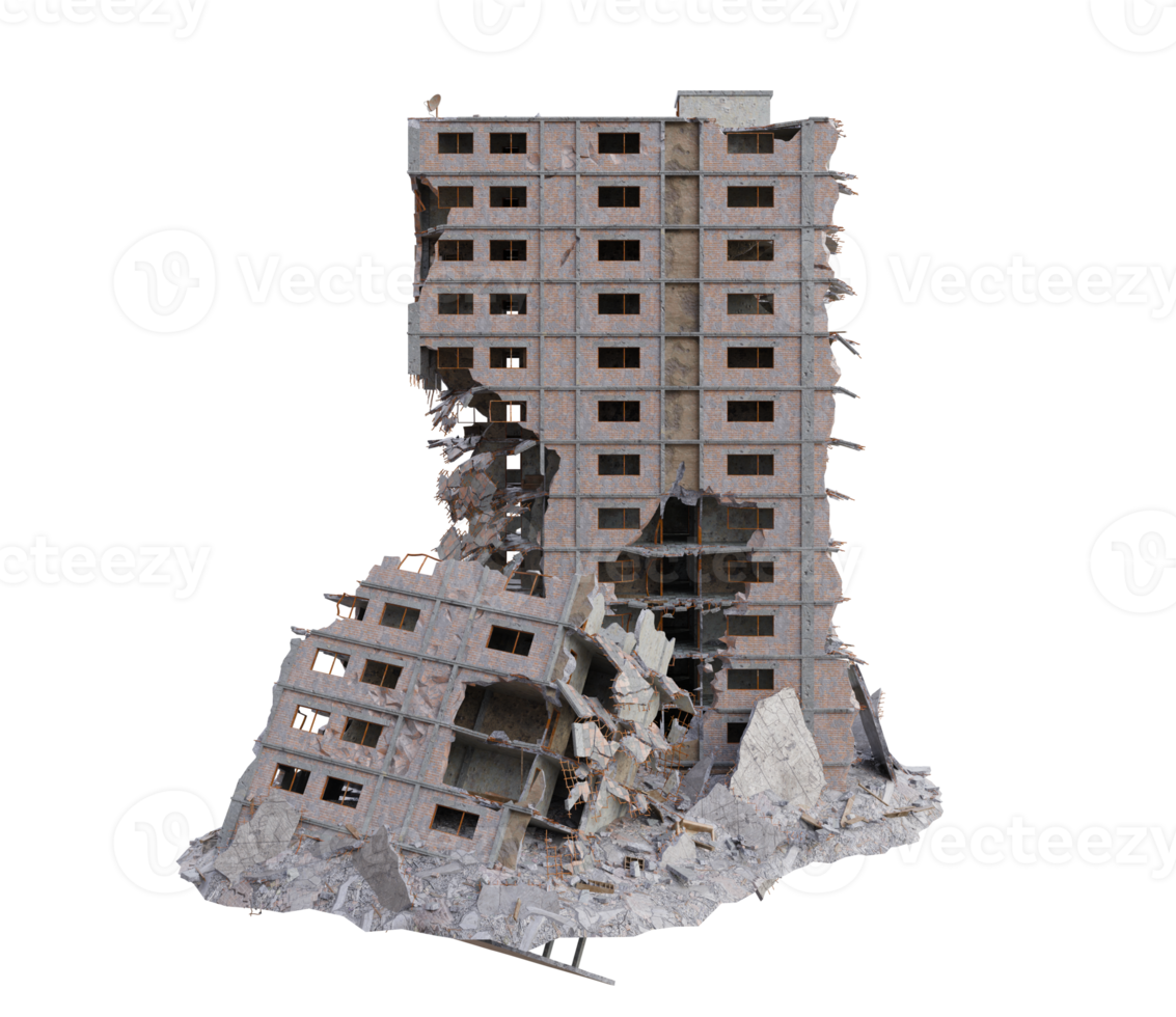stor storlek byggnad skadad efter krig. 3d framställa isolerat png