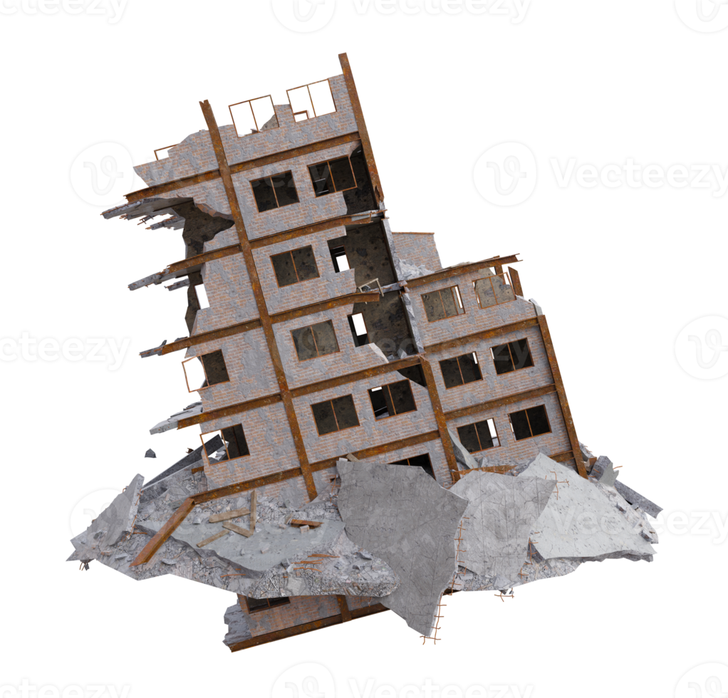 Small size building damaged after war. 3d render isolated png