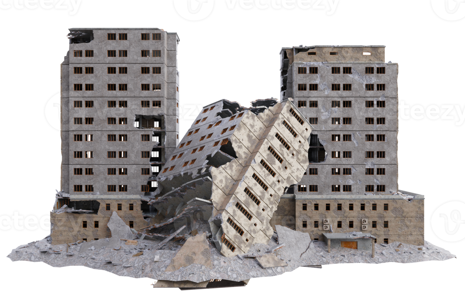 Large size building damaged after war. 3d render isolated png