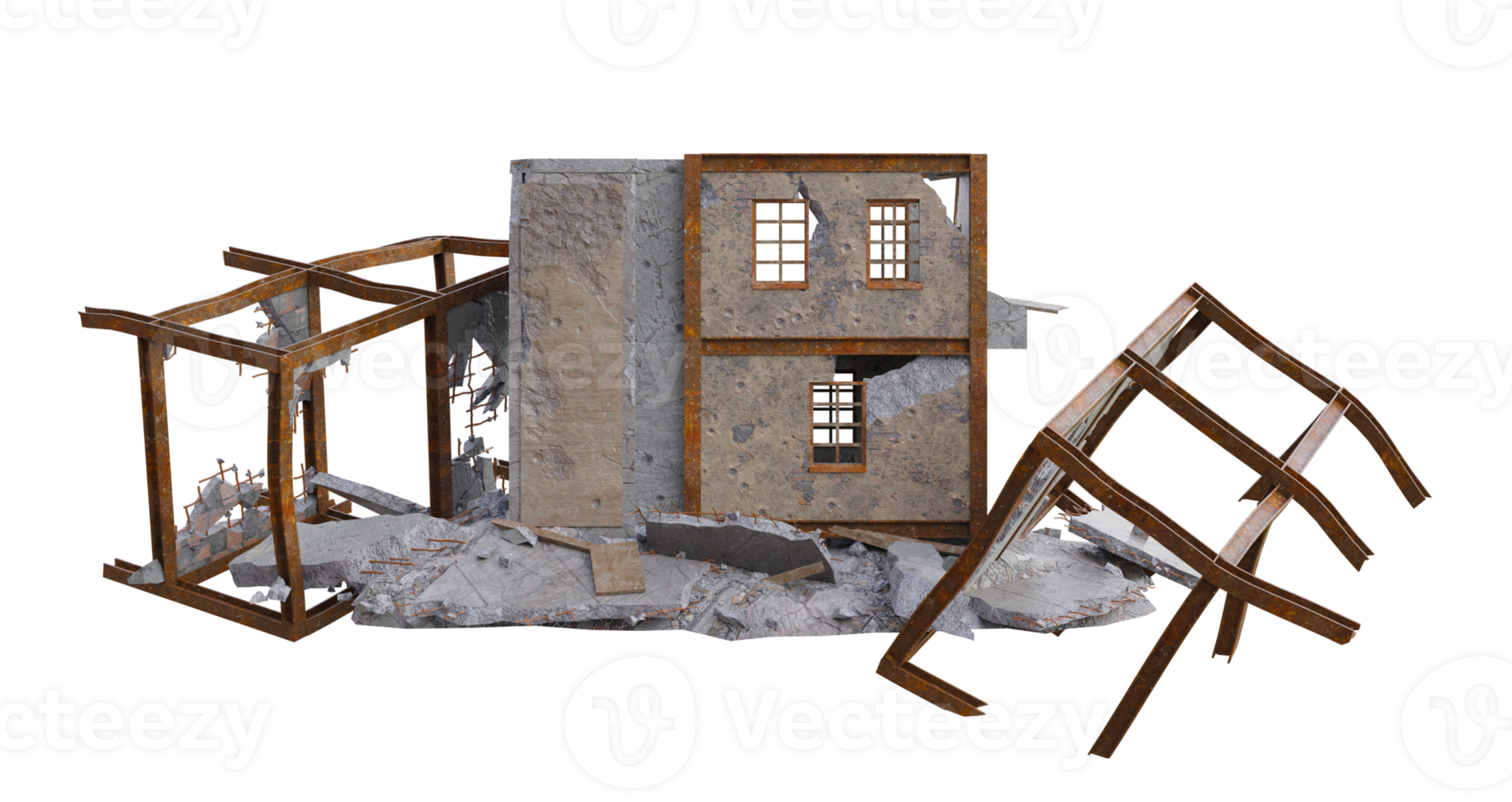 Small size building damaged after war. 3d render isolated png