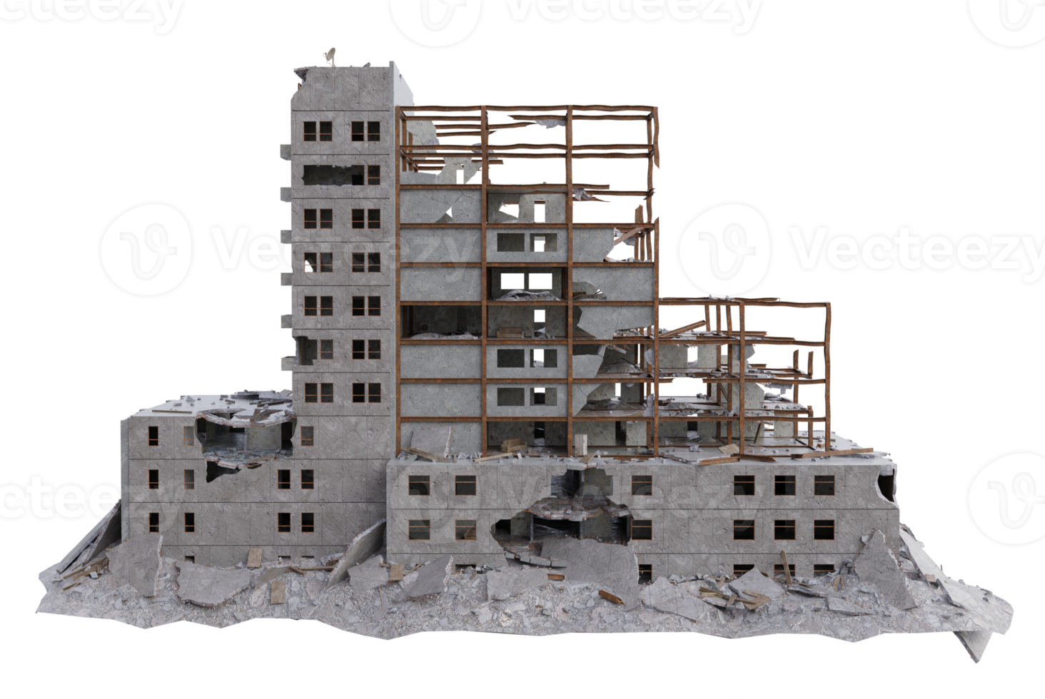 Middle size building damaged after war. 3d render isolated png