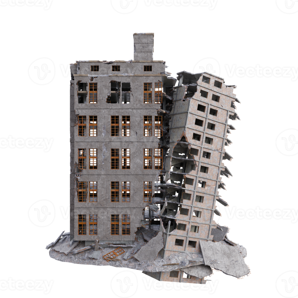 Large size building damaged after war. 3d render isolated png