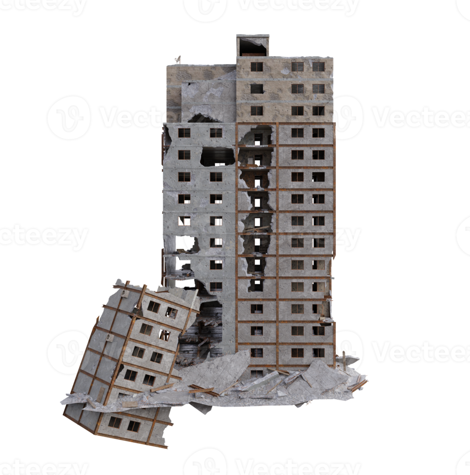 Middle size building damaged after war. 3d render isolated png