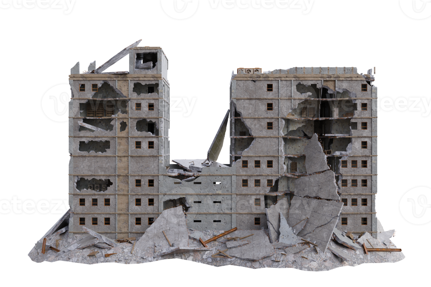 Large size building damaged after war. 3d render isolated png