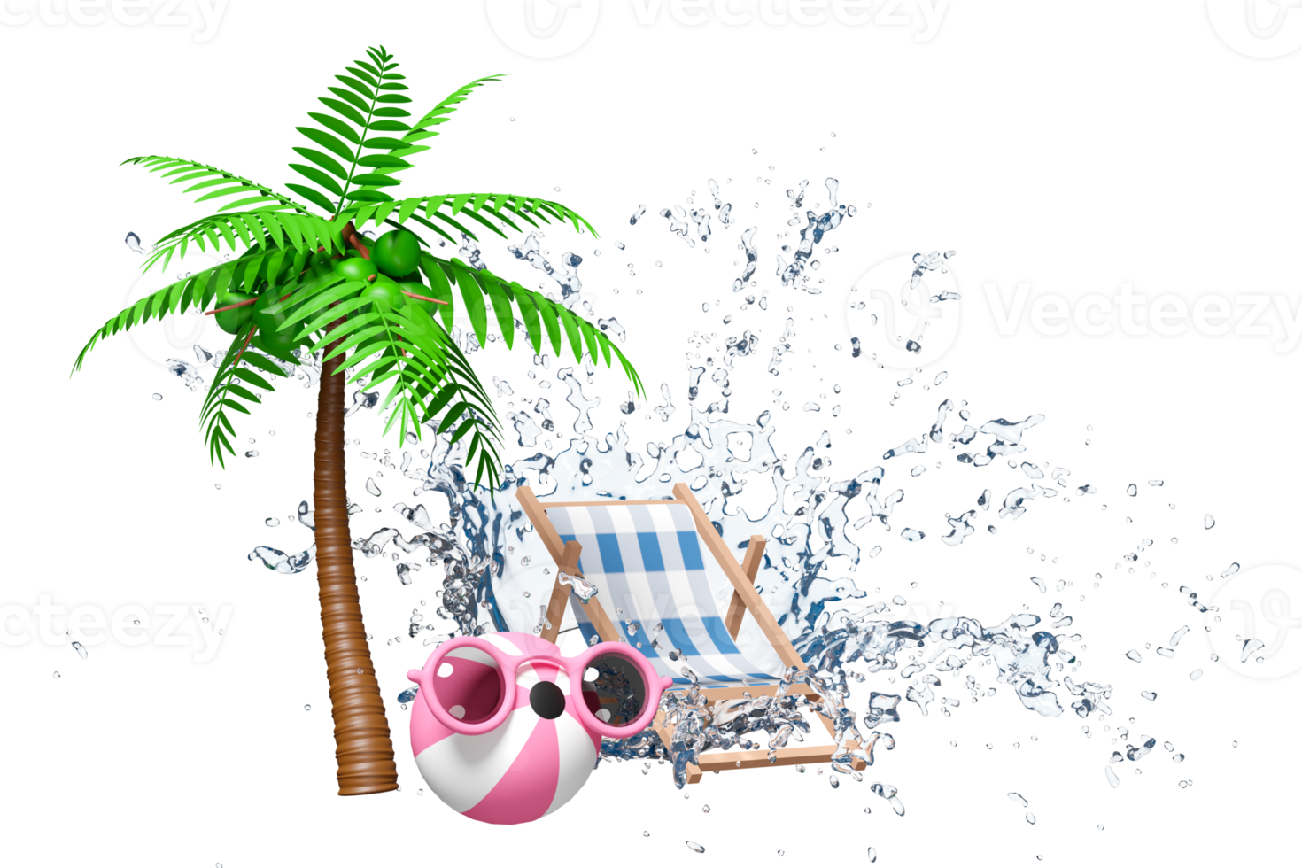 3d beach ball with sunglasses, water splash, palm tree, beach chair, copy space isolated. summer travel concept, 3d render illustration png