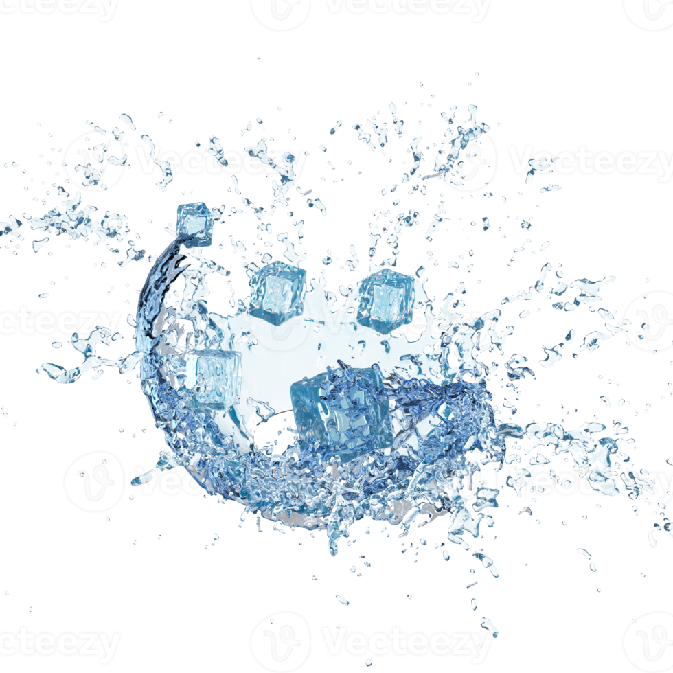 3d ice cubes with water splash transparent, clear blue water scattered around isolated. 3d render illustration png