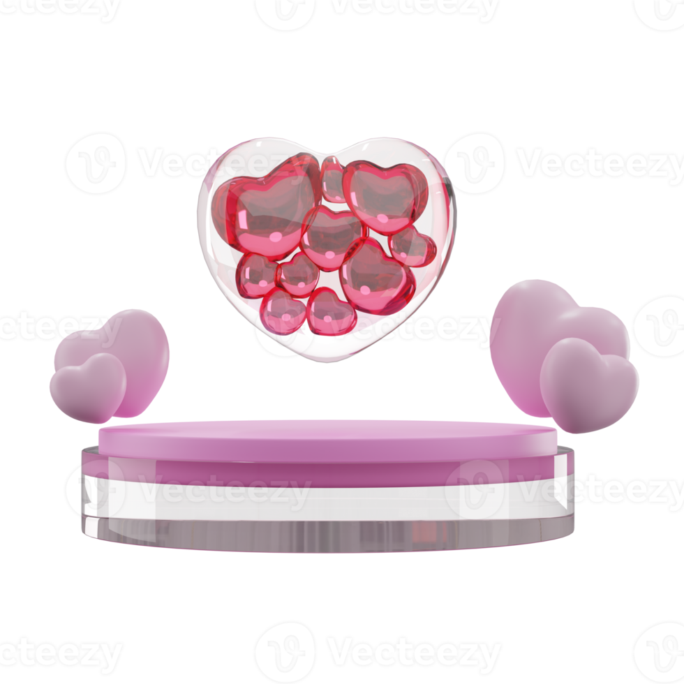 3D rendering glass jar with a heart on podium display for valentine day png