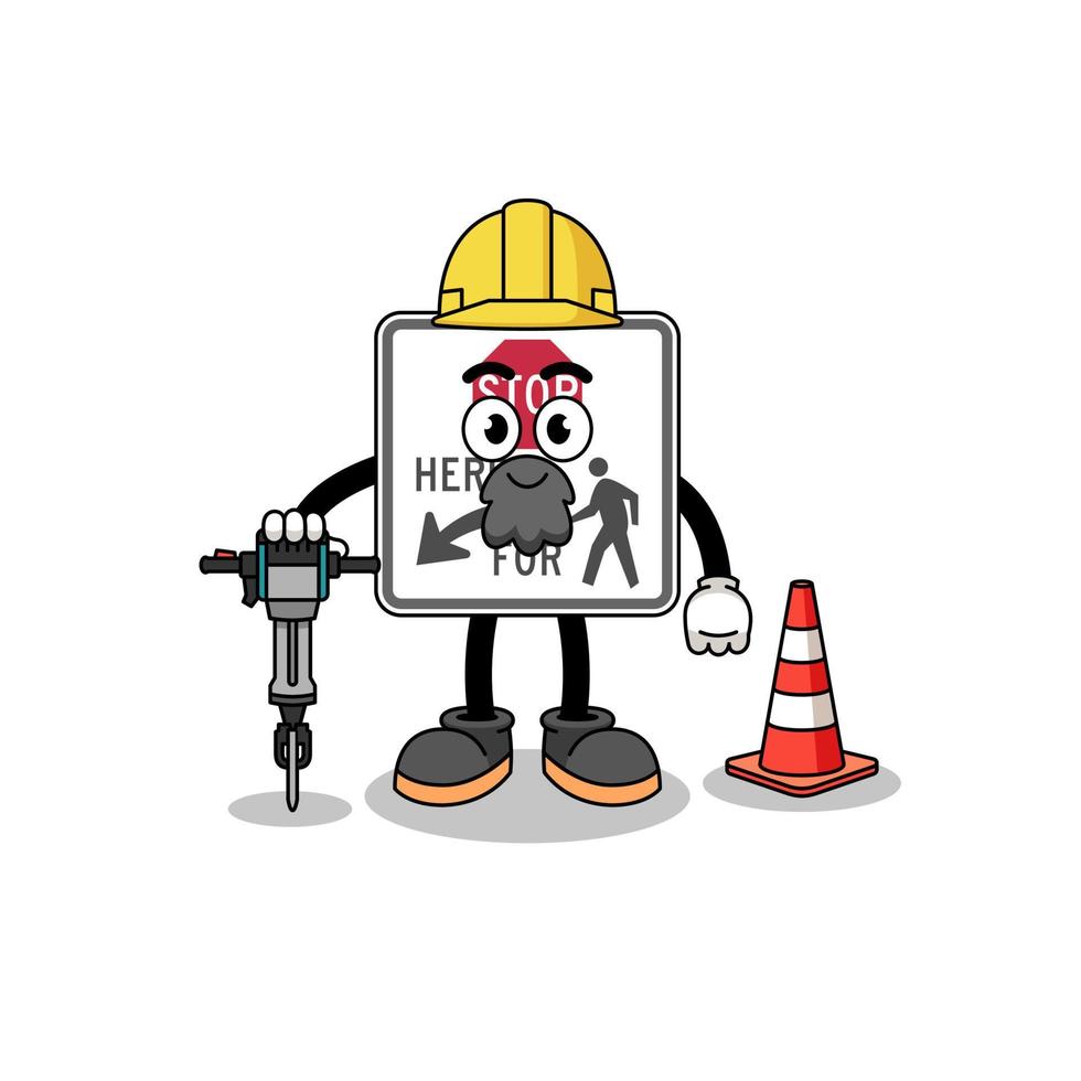 personaje dibujos animados de detener aquí para peatones trabajando en la carretera construcción vector