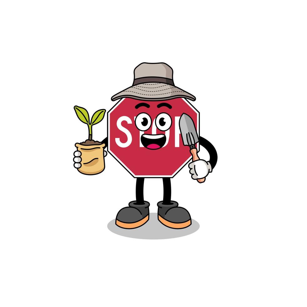 Illustration of stop road sign cartoon holding a plant seed vector