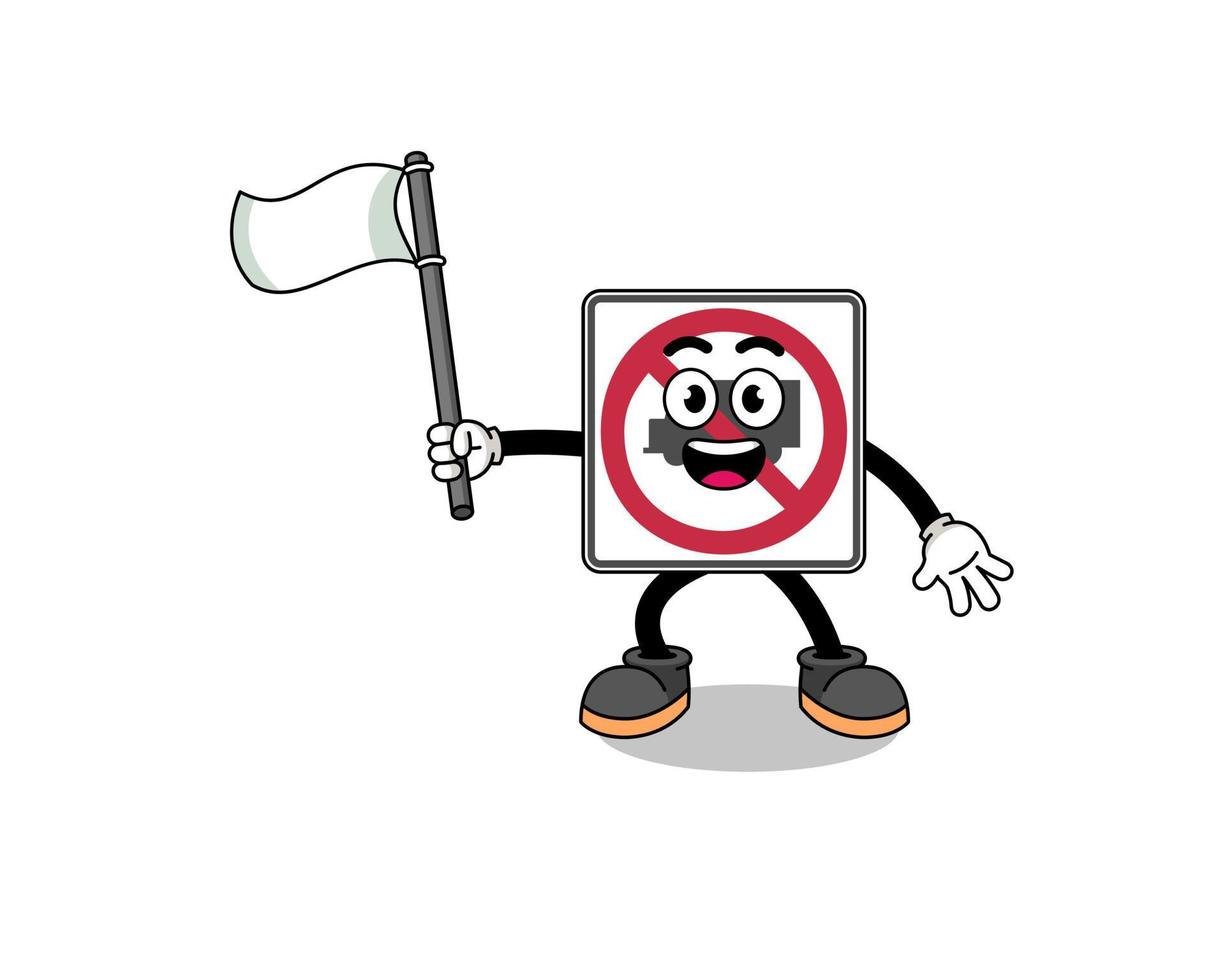 Cartoon Illustration of no trucks road sign holding a white flag vector