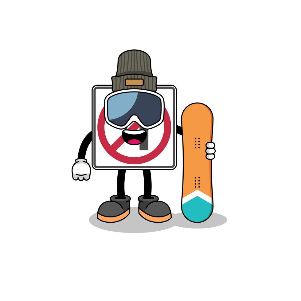 Mascot cartoon of no left turn road sign snowboard player vector