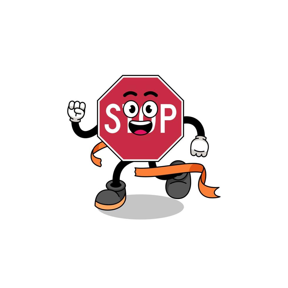 Mascot cartoon of stop road sign running on finish line vector