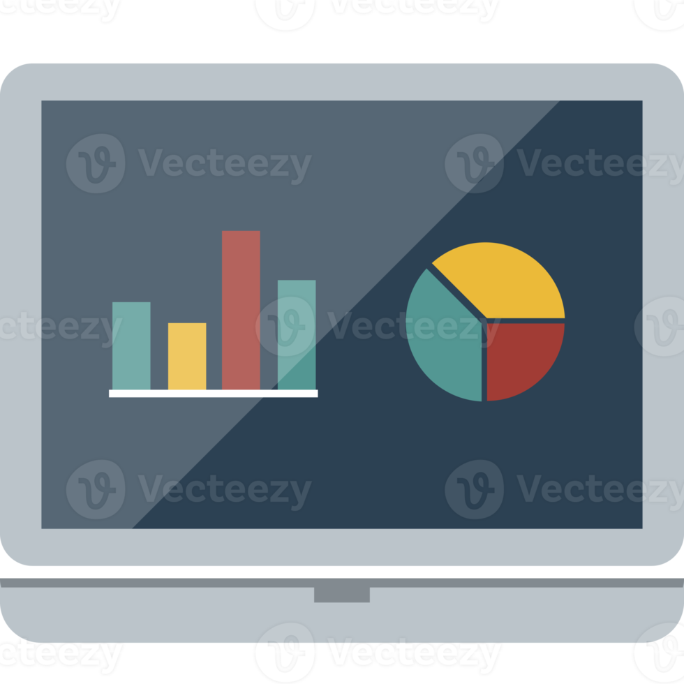 graphs and charts on laptop display monitor, flat design png