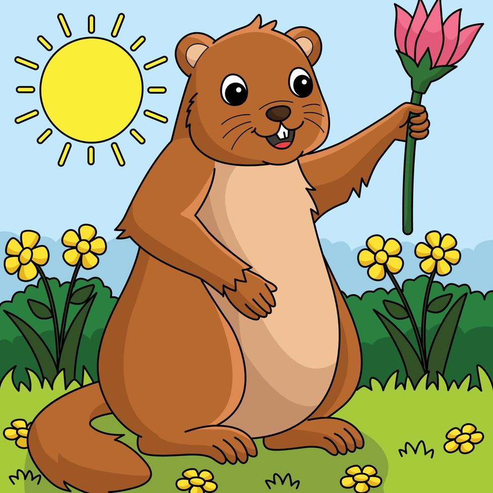 Groundhog Holding Flower Colored Illustration vector