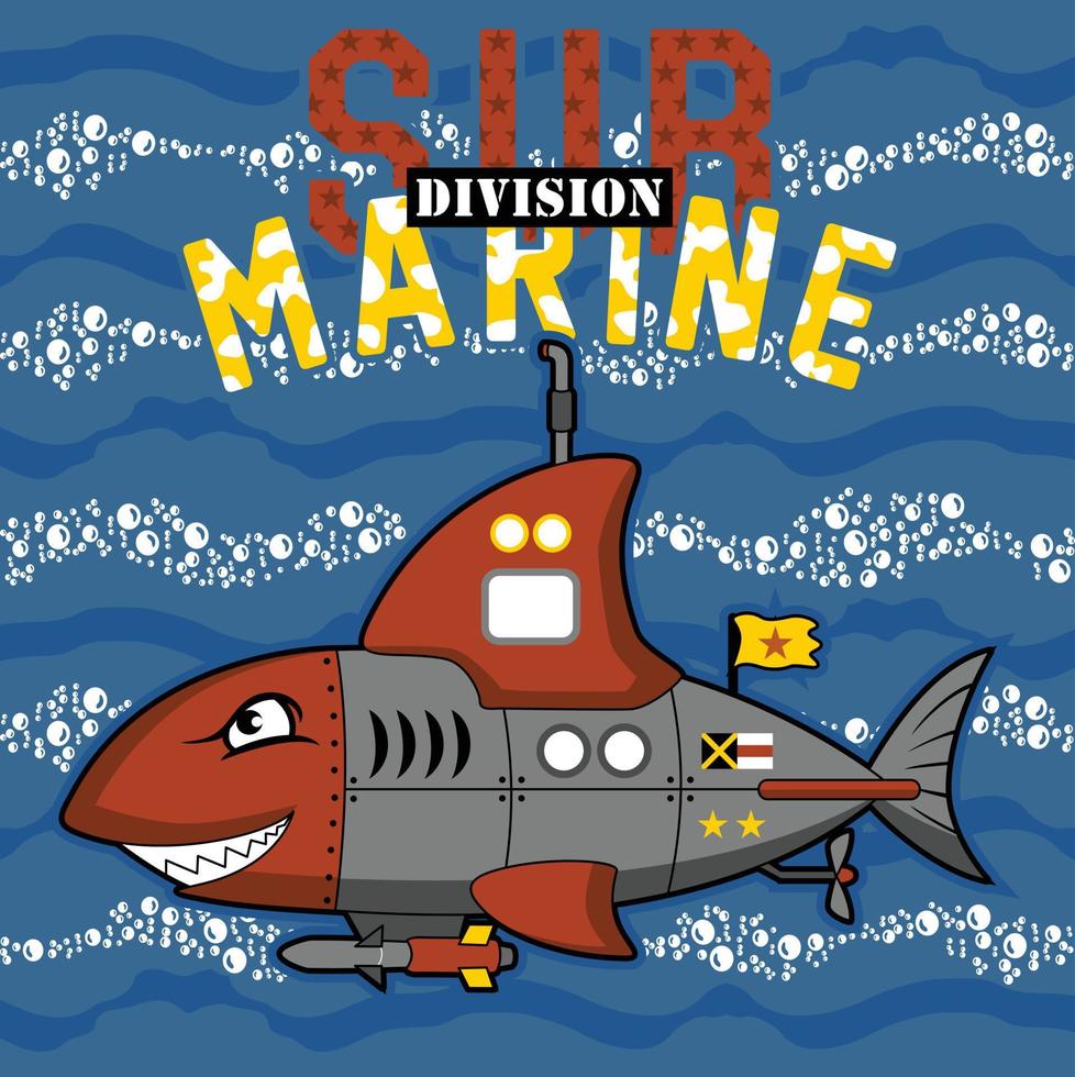 military submarine cartoon in shark features on bubbles water background, vector cartoon illustration