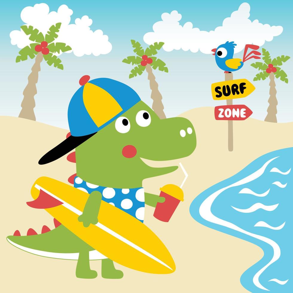 cute dinosaur holding surfboard and soft drink in the beach, little bird perching on signpost, vector cartoon illustration