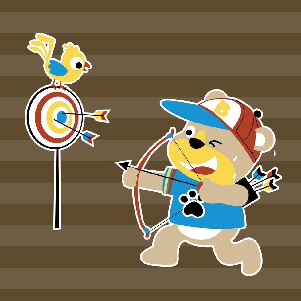 Cute bear playing archery, bird perching on archery target, vector cartoon illustration