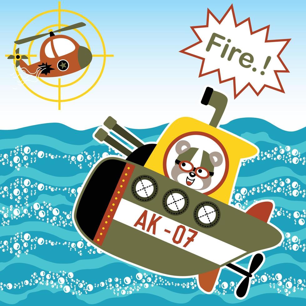 Funny bear in submarine with helicopter, ocean war, vector cartoon illustration