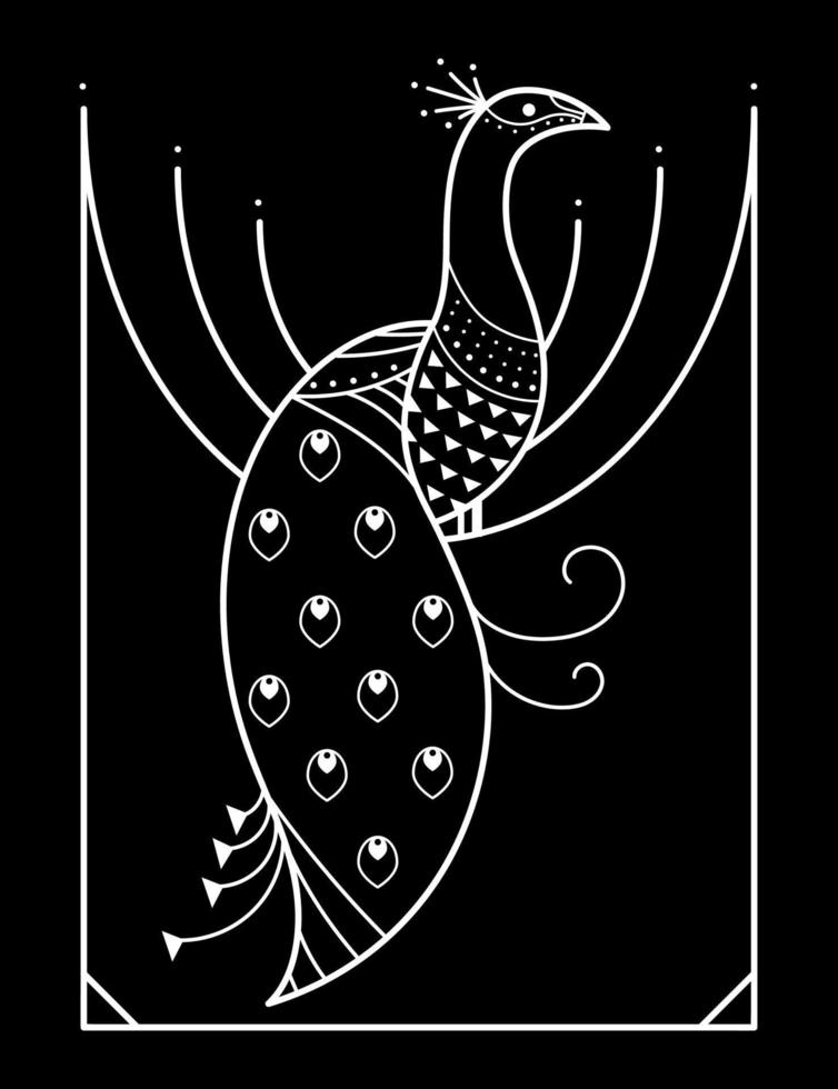 Peacock on a black background in art deco style. White and black vector illustration.