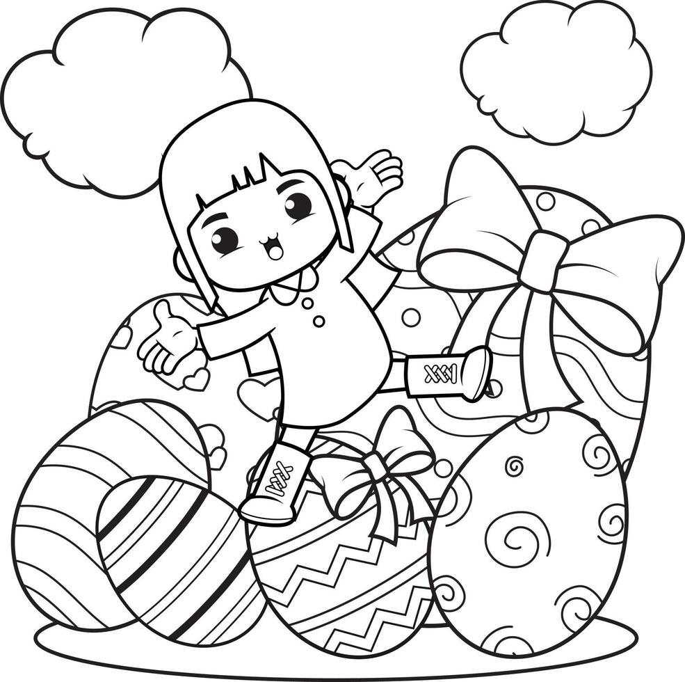 Coloring page Happy Easter with cute girl vector