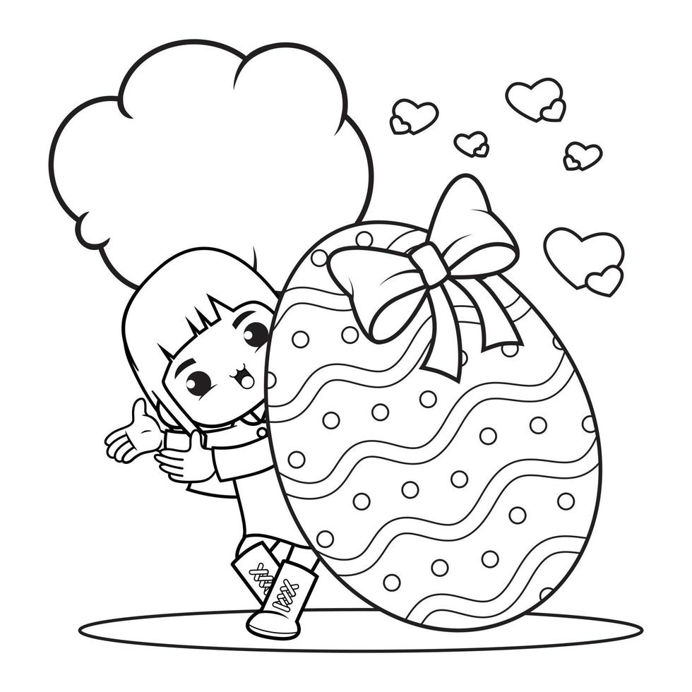 Coloring page Happy Easter with cute girl vector