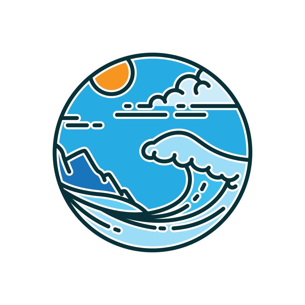 blue beach waves logo with mountain vector illustration
