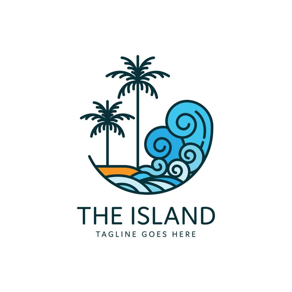 tropical island beach logo design with two palm trees and ocean waves vector