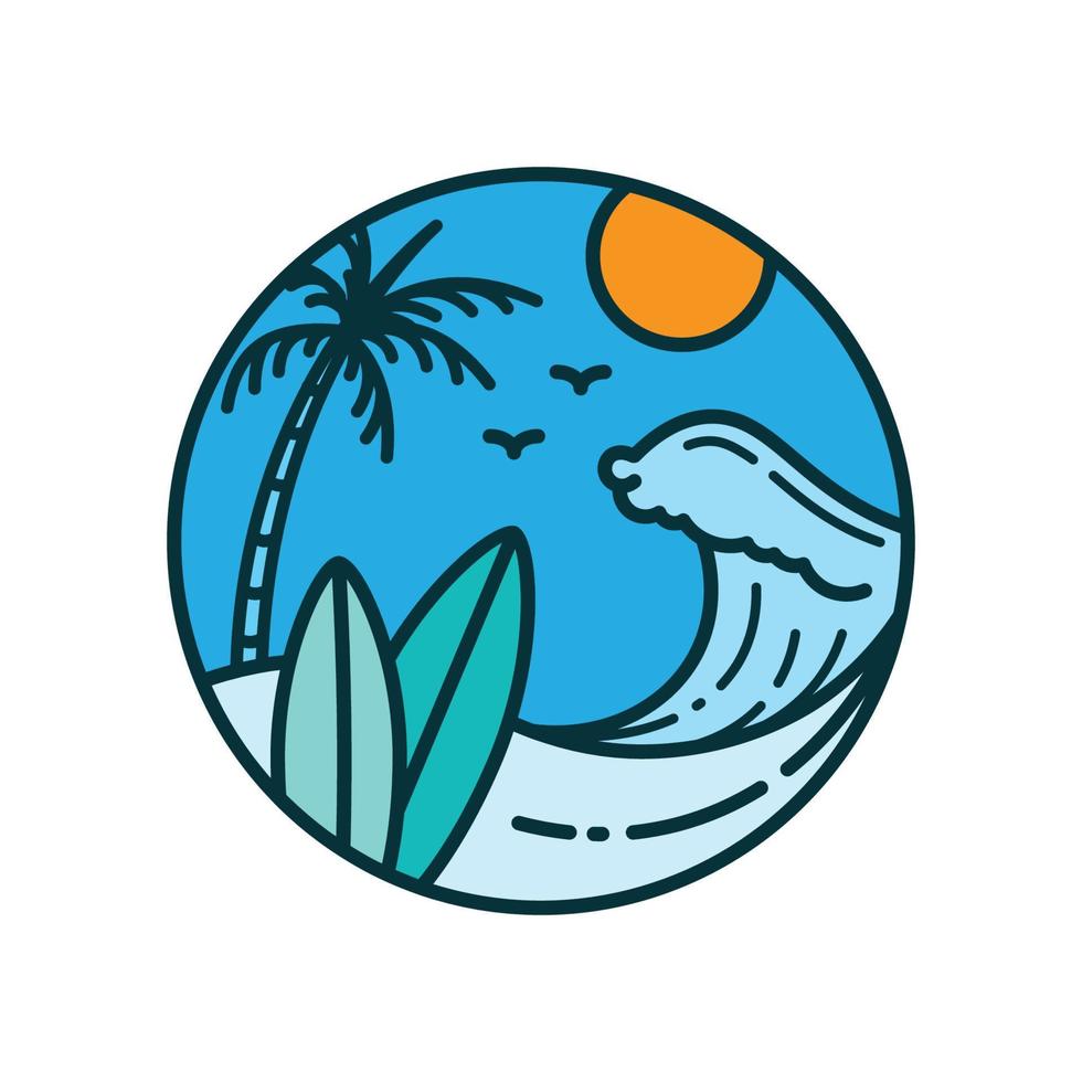 azul playa olas logo con montaña vector ilustración