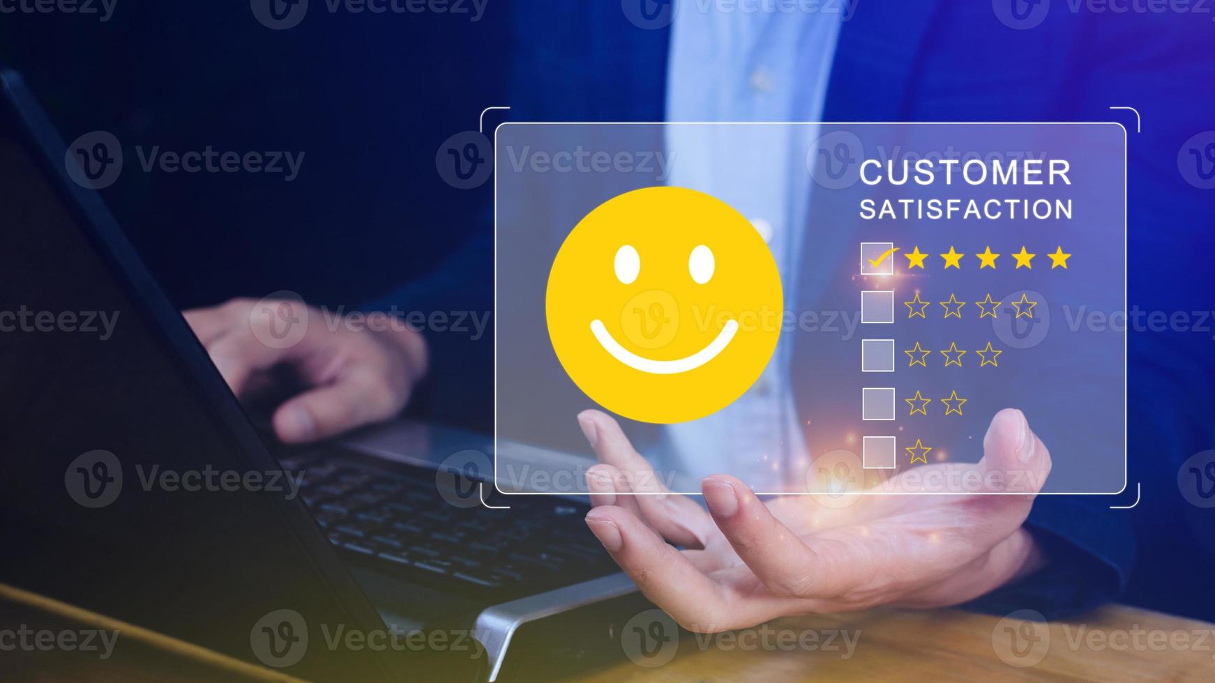 User gives rating to service experience on online application, Customer review satisfaction feedback survey concept, Customer can evaluate quality of service leading to reputation ranking of business. photo