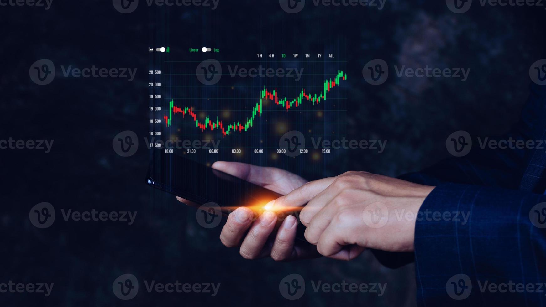 Businessman touching points smartphone with checking trend chart growing up, symbol stock graph and chart background, concept growth and development business investment photo