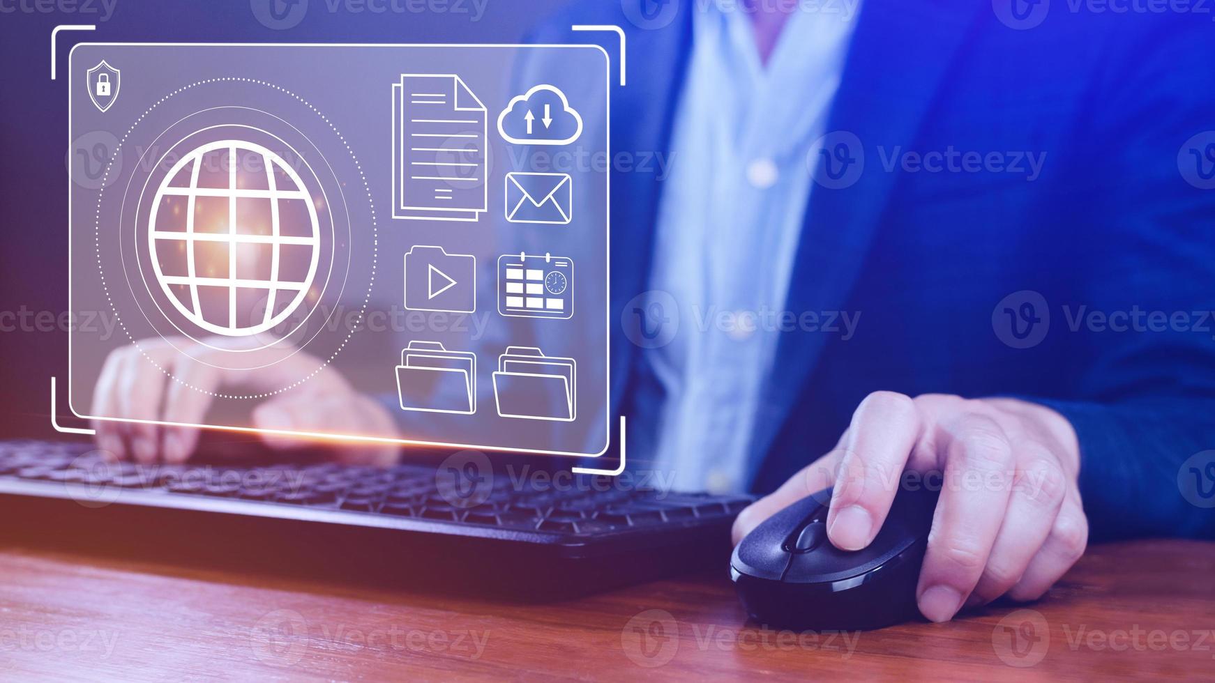 Businessman holding Global network connection, Big data analytics and business intelligence concept, World map point and line composition concept of global business, Digital link tech photo