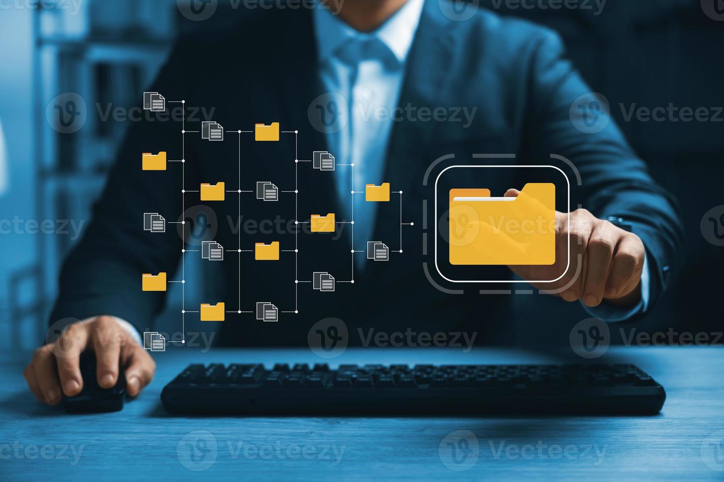 Document management system concept, business man holding folder and document icon software, searching and managing files online document database, for efficient archiving and company data. photo