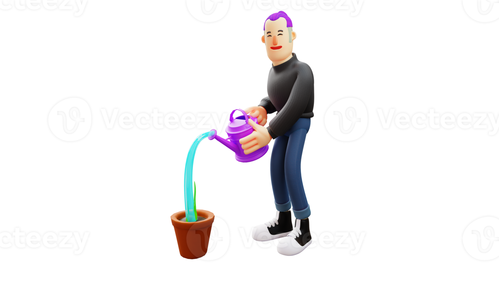 3D illustration. Diligent Man 3D cartoon character. Sweet smiling sweet man. Handsome young man watering a flower in a pot. Stylish guy watering plants happily. 3D cartoon character png