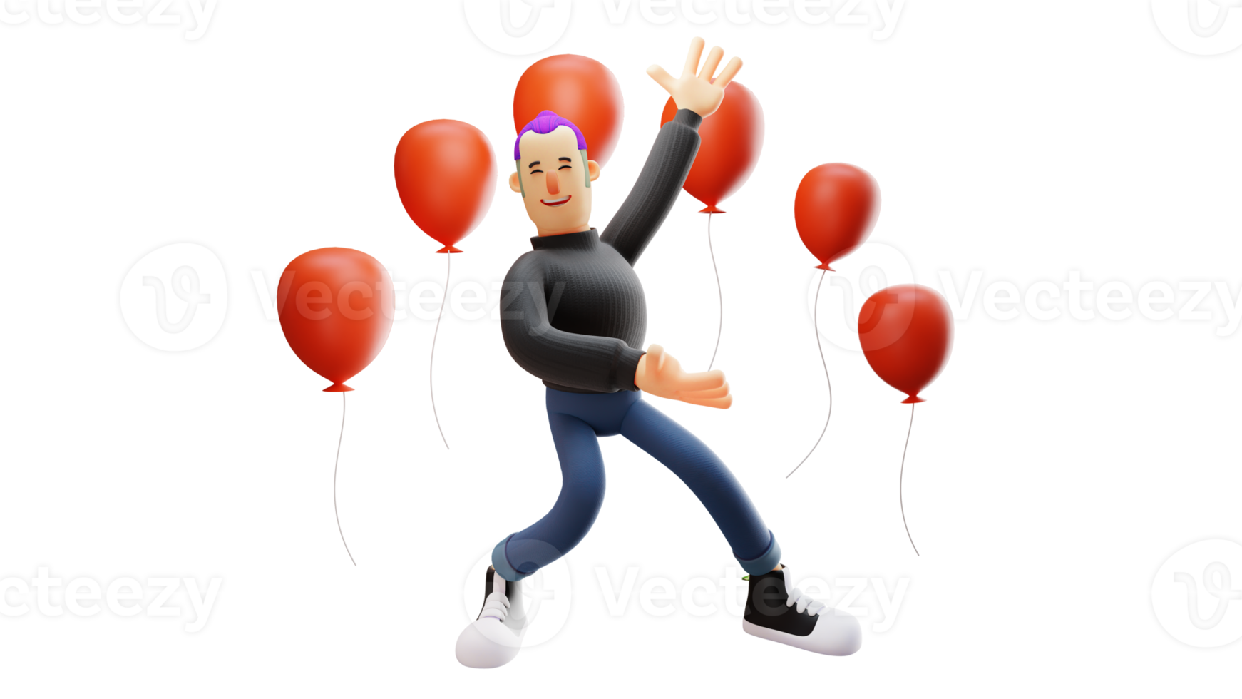 3D illustration. Happy young man 3D cartoon character. A young man pointed at balloons around him. Cheerful young man smiling happily with lots of red balloons behind him. 3D cartoon character png