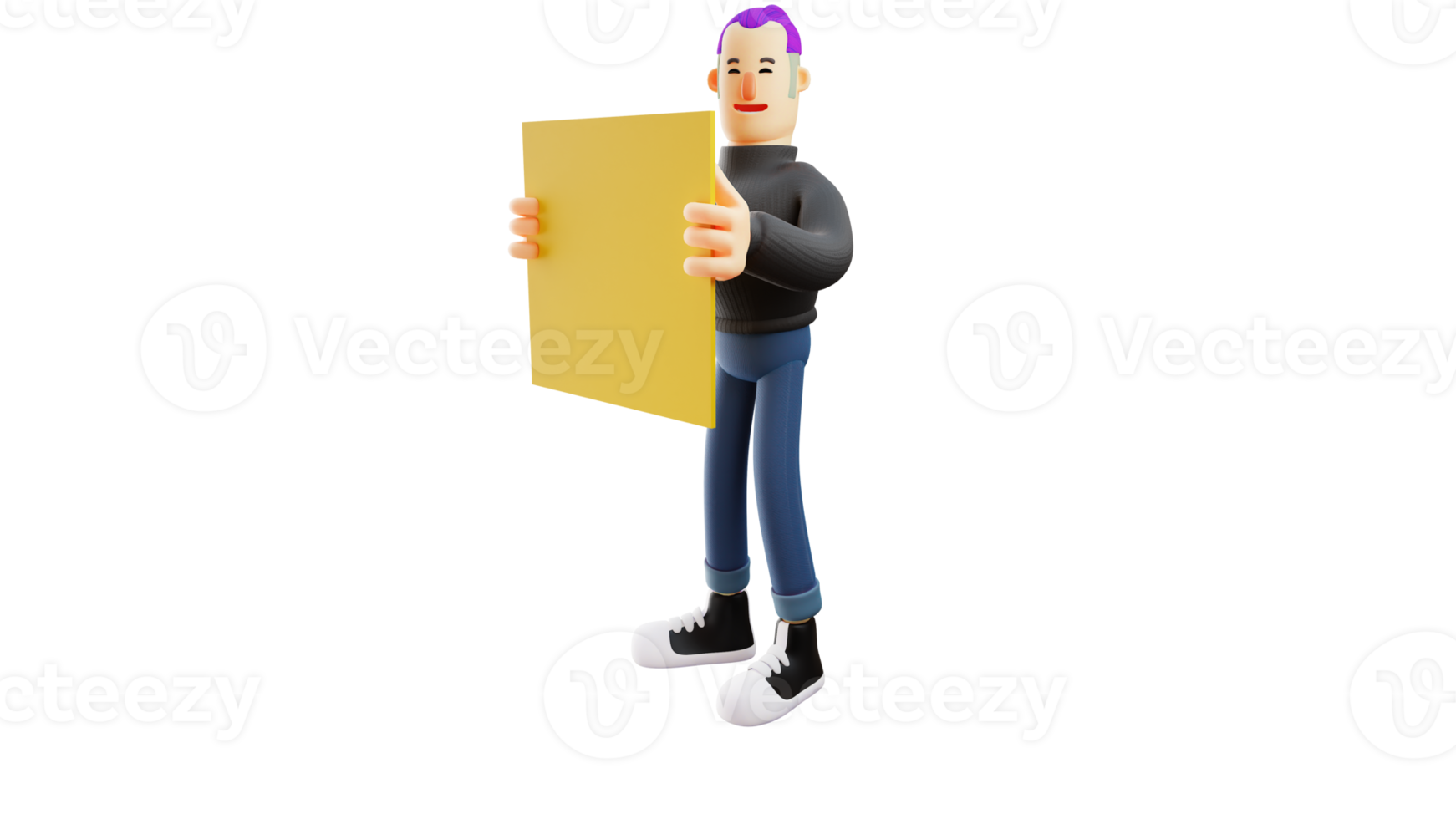 3D illustration. Handsome Boy 3D cartoon character. Nice smiling cute guy. Handsome young man carrying a yellow board. Stylish guy standing casually. 3D cartoon character png