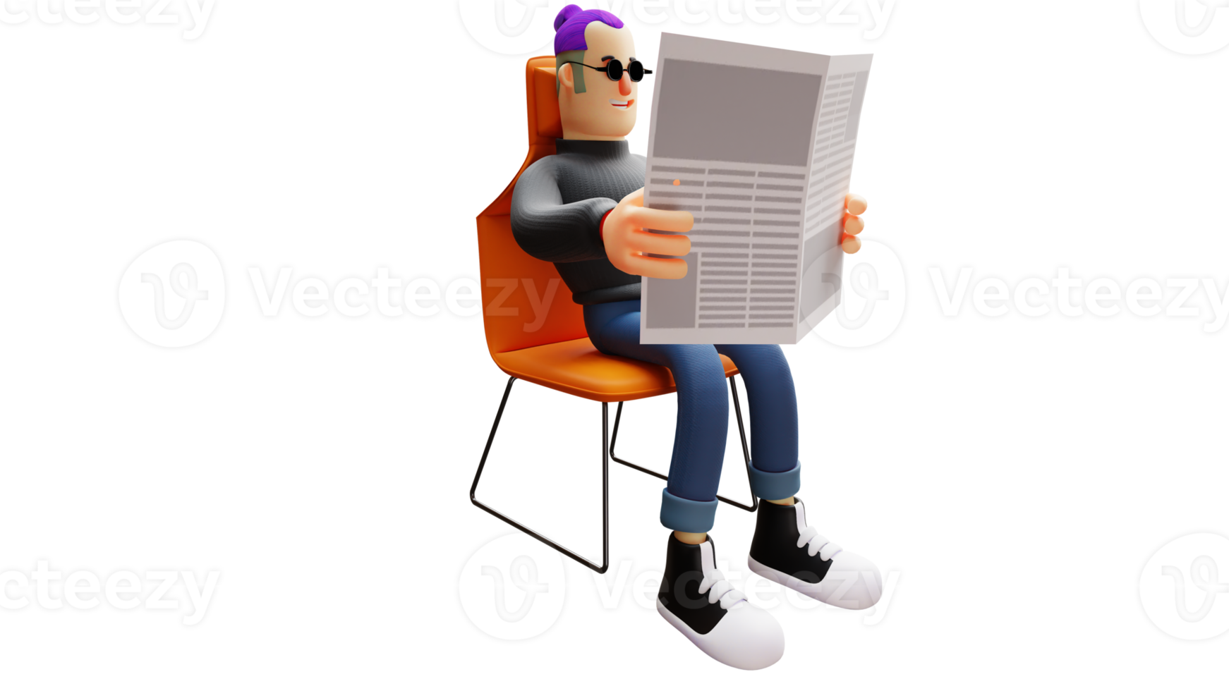 3D illustration. Rich man 3D cartoon character. Cool guy is sitting relaxed. Handsome man wearing sunglasses. Man relaxing while reading newspaper. 3D cartoon character png